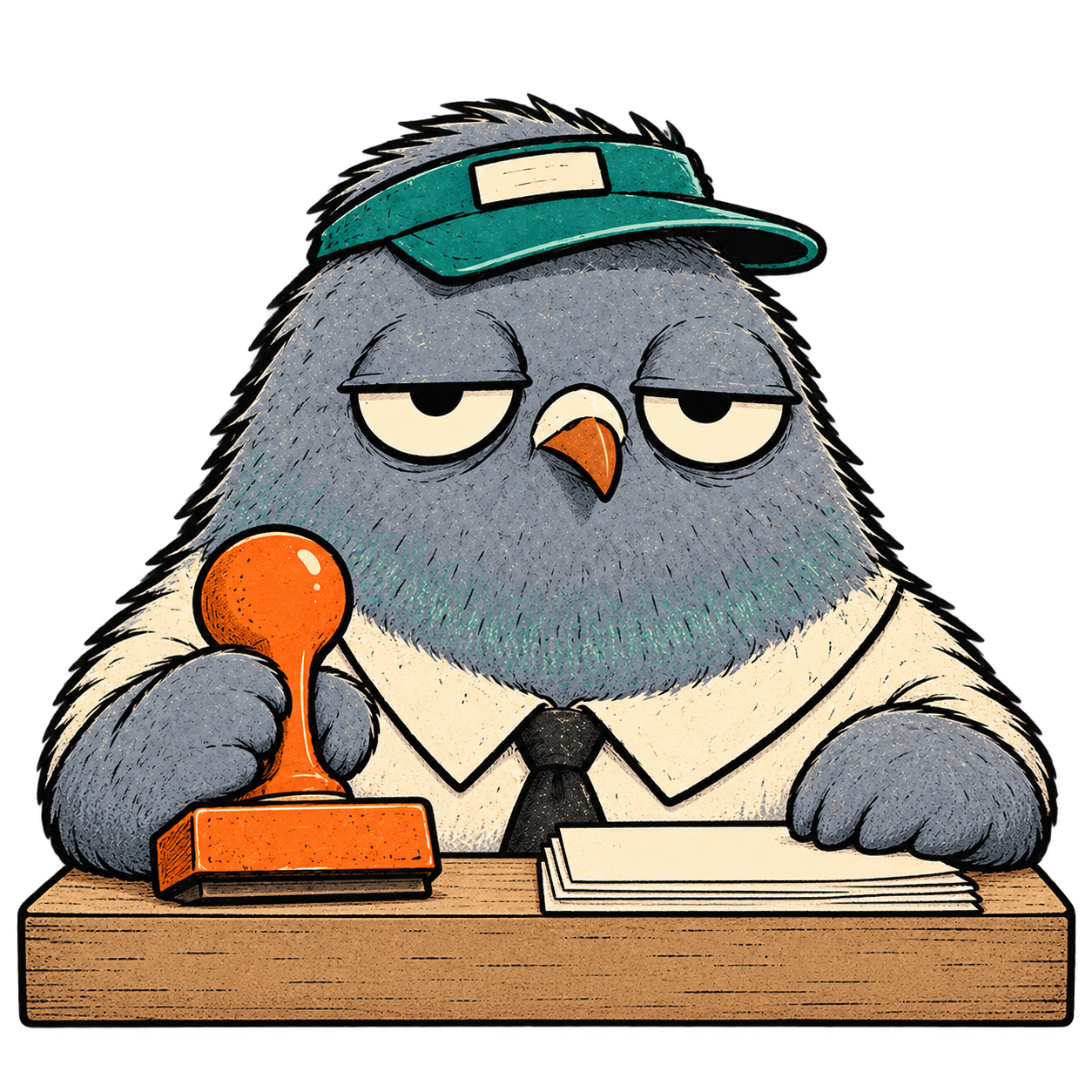 A serious grey pigeon clerk in a teal visor, holding an orange stamp at his desk.